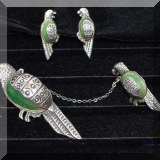 J035. Mexico sterling and green agate/stone parrots pin and screw back earrings set. - $85 